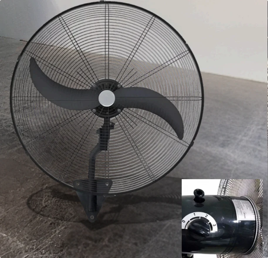 Ventilador circulador industrial de pared, hélice curva y control de velocidad.