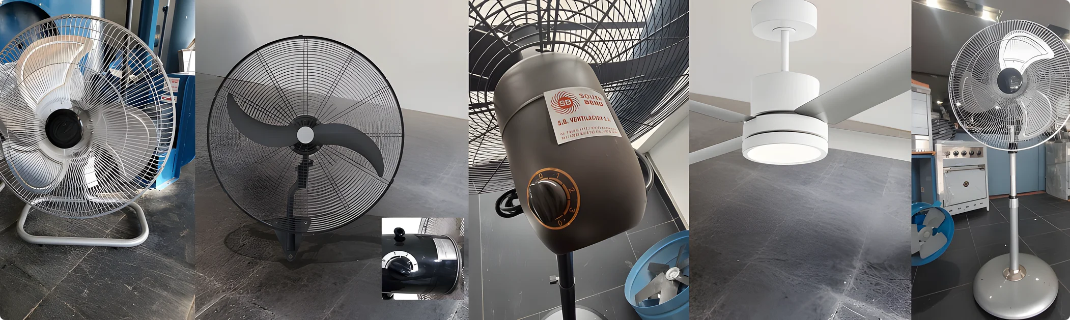 Ventiladores circuladores industriales South Bend. Modelos de pie, pared y techo. Motor metálico reforzado, hélices plásticas y soporte fijo.